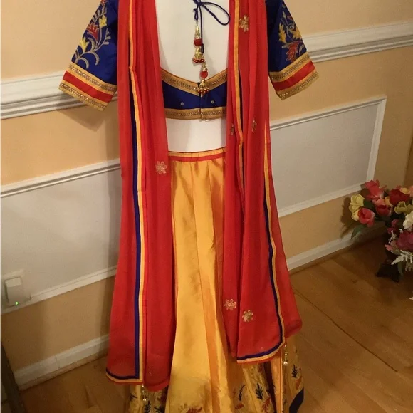 Vibrant Blue and Yellow Embroidered Lehenga Choli - Picture 10 of 12